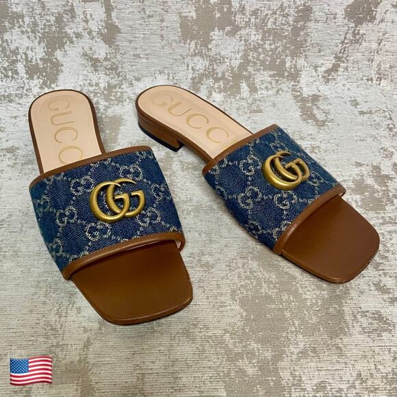 Gucci Jolie Double G Denim Logo & Cognac Leather Slides - Picture 1 of 13